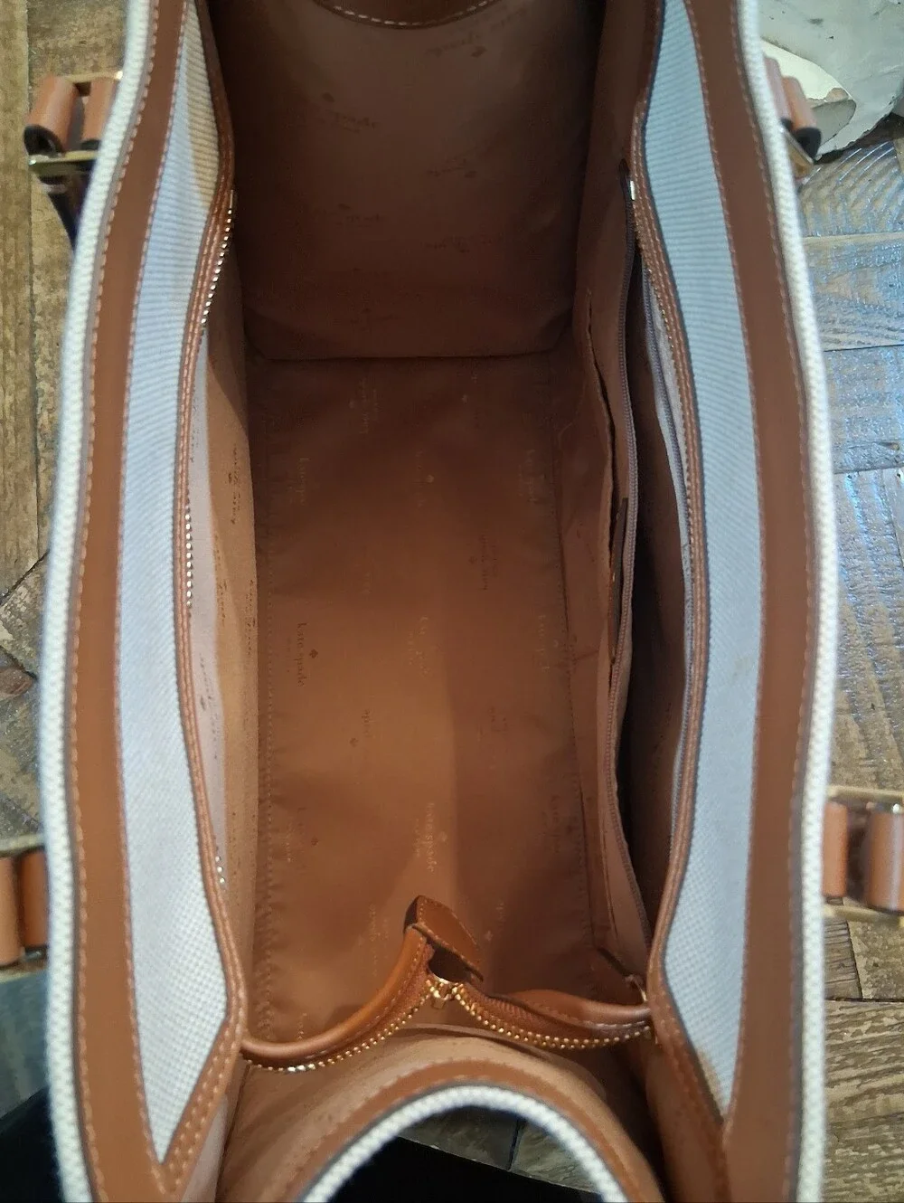 kate spade Canvas Tote in Cream and Tan with Logo